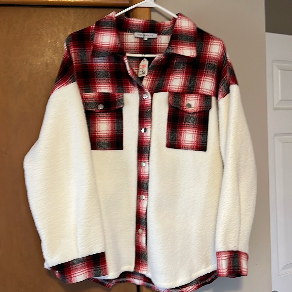 Miss Sparkling size  Large cream, red, and black shacket.